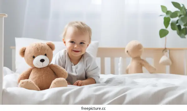 Toddler boy sitting on a bed with a teddy bear