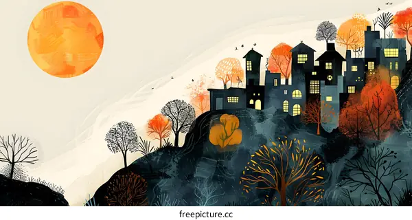 Autumn Town on a Hill