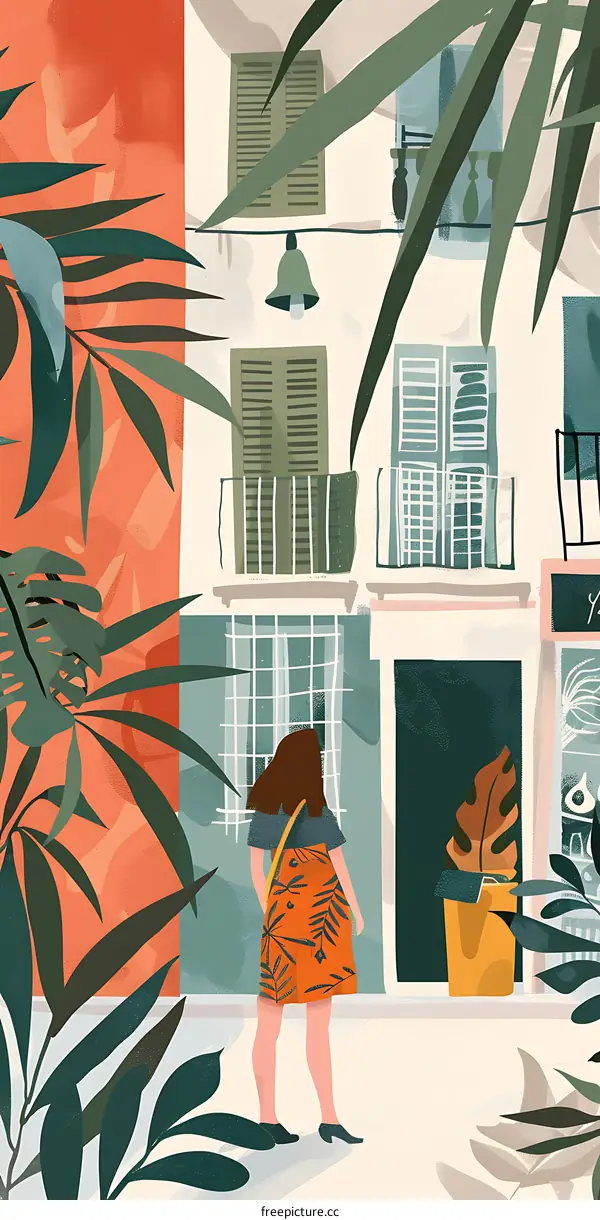 Woman Standing in Front of Building with Green Shutters