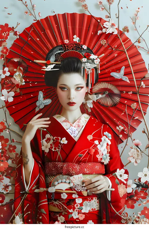 Japanese Woman In Red Kimono With Cherry Blossoms