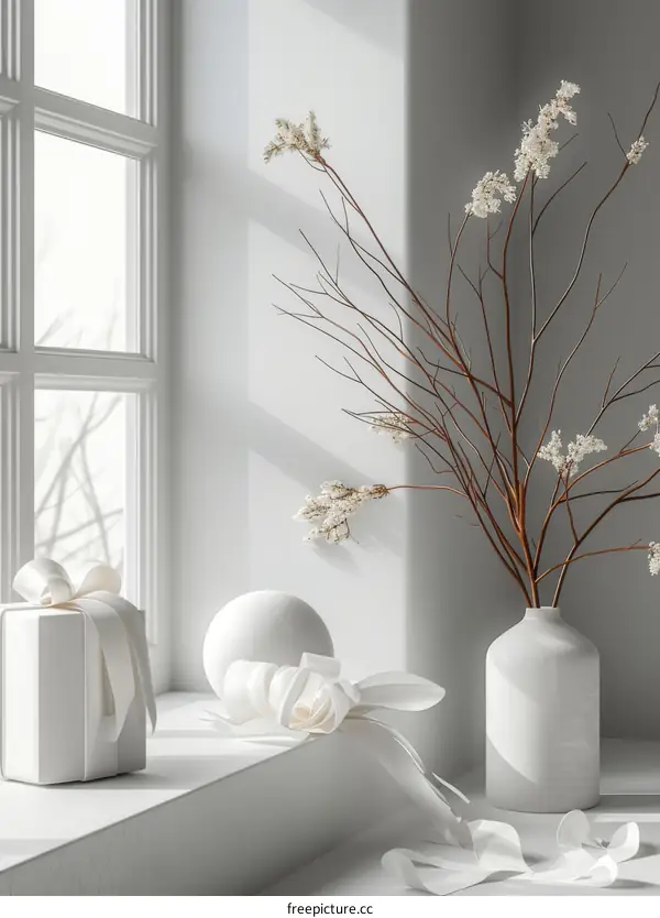 Minimalistic White Scene with Gift and Dried Flowers