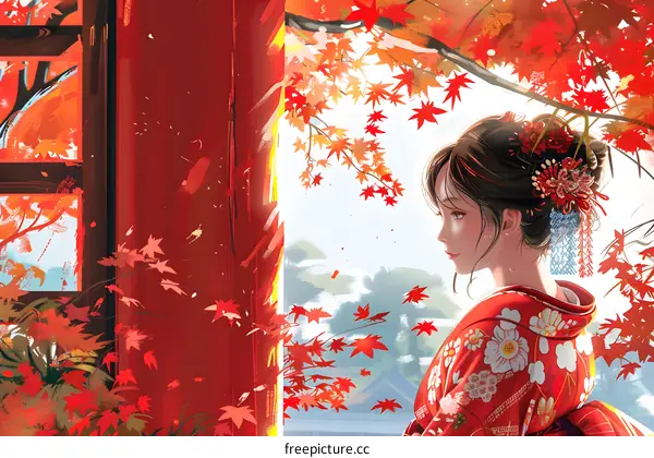 Japanese Woman in Red Kimono Standing by Window with Autumn Leaves