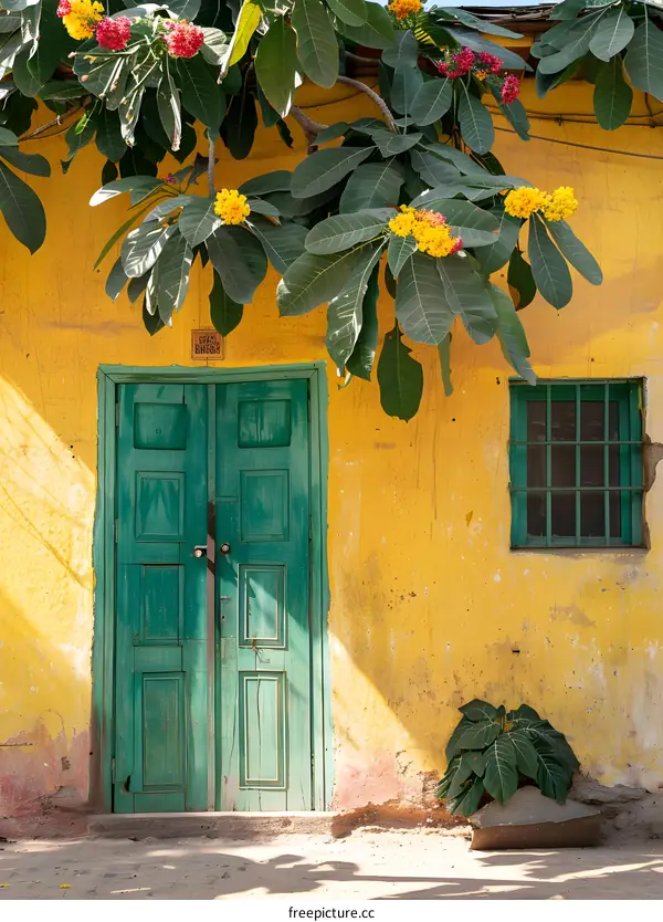 green door with yellow wall