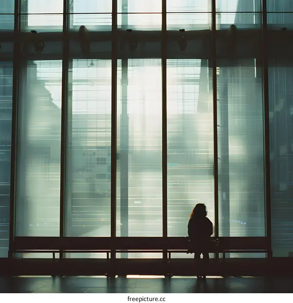 Silhouette of a Woman Sitting on a Bench by a Large Window
