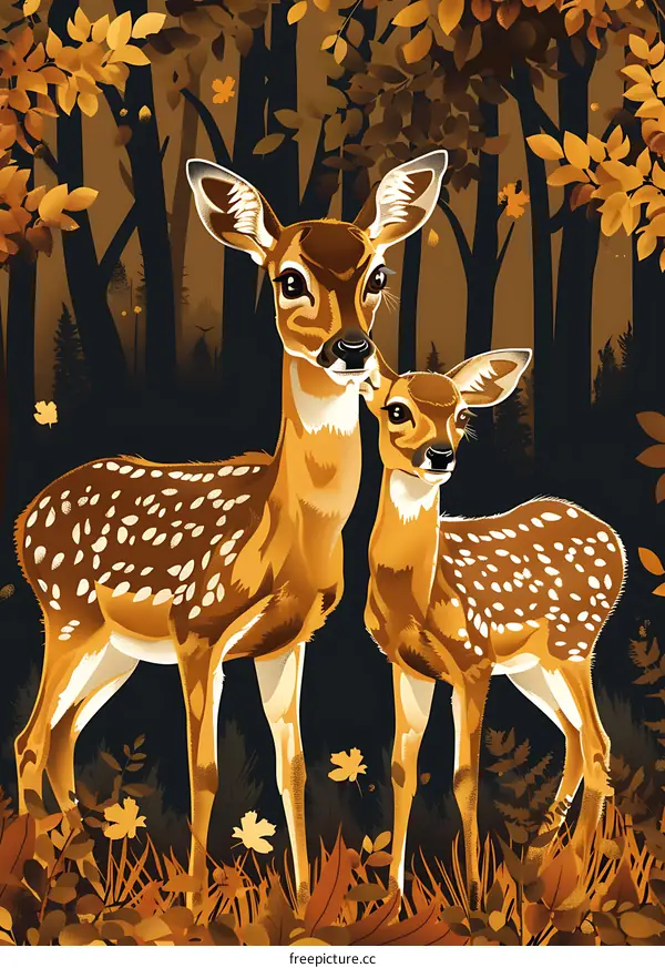 Two Deer In The Forest With Golden Leaves