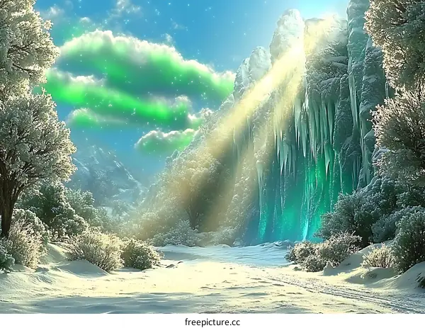 Winter Landscape With Green Aurora Borealis And Snowy Mountains