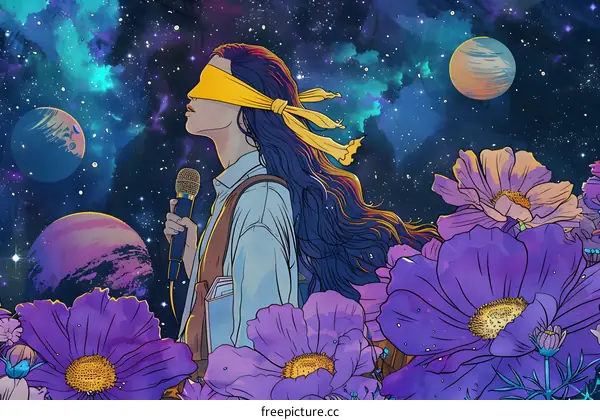 girl singing in cosmos flower field with blindfold