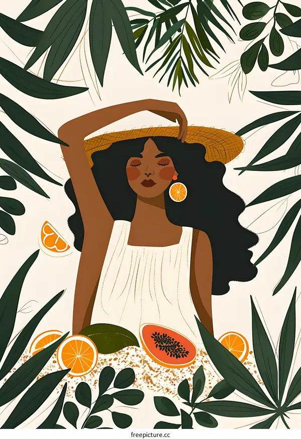 Woman With Hat Surrounded by Tropical Leaves and Fruit