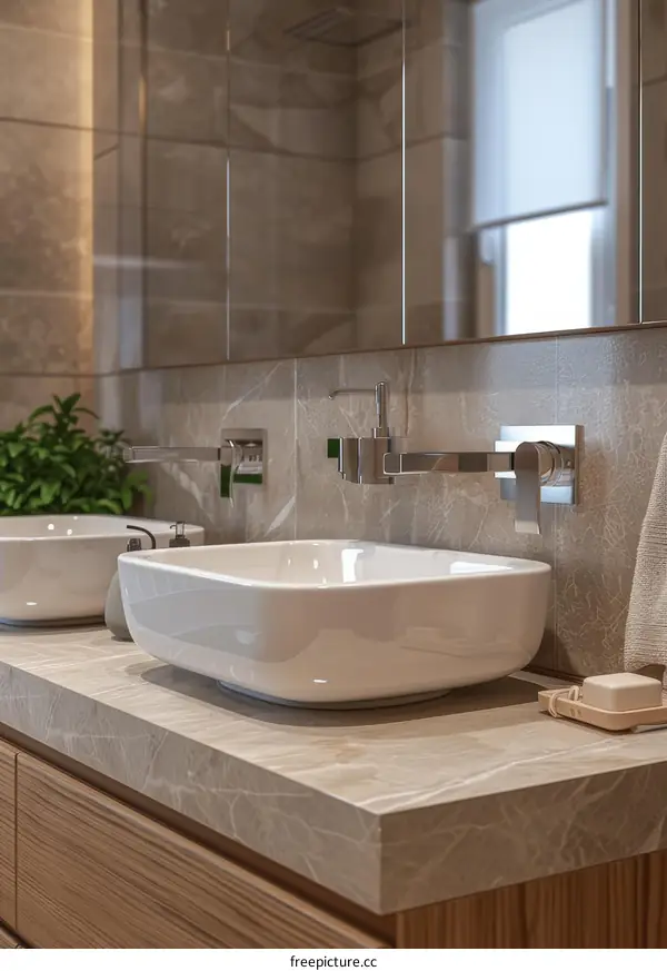 Modern Beige Bathroom Vanity with Double Sinks