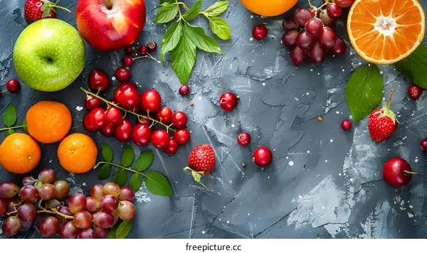 Fresh Fruit and Berries On Grey Background