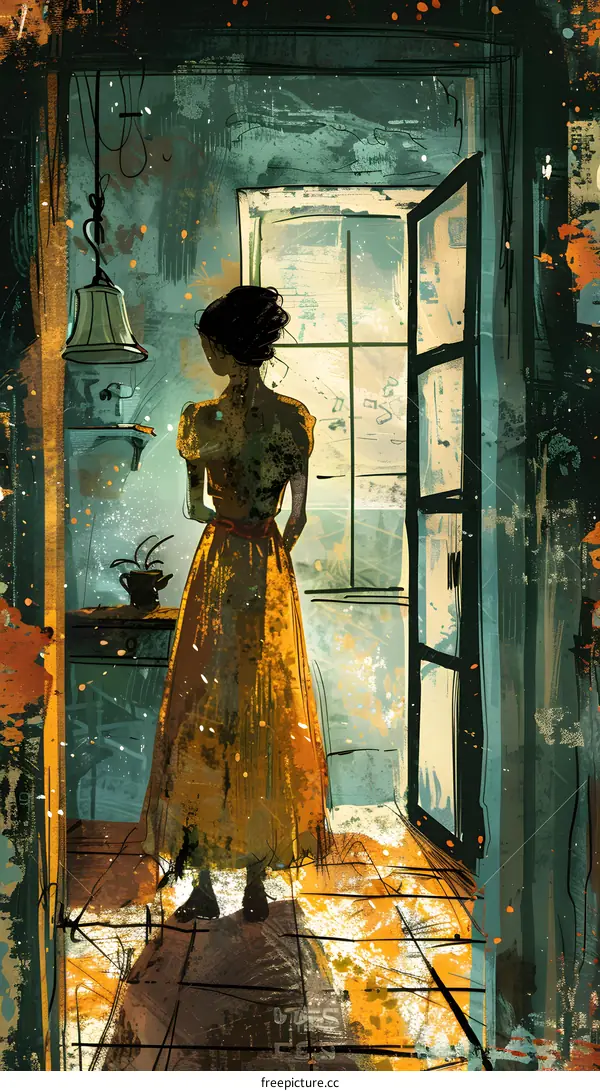 Woman in Yellow Dress Looking Out the Window