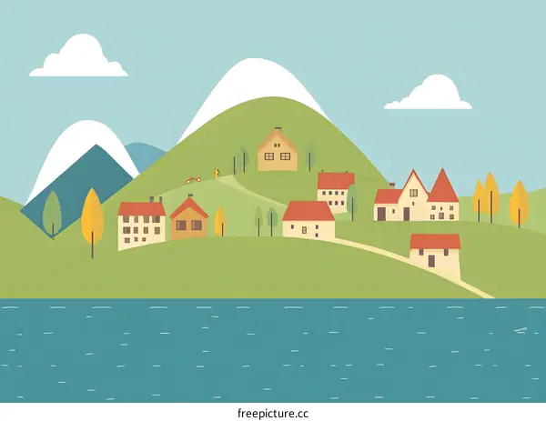 Cartoon Illustration of Village in Mountains with Lake