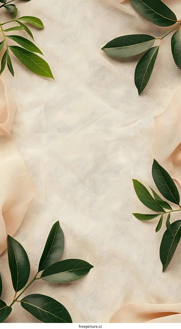 Green Leaves on Beige Fabric Background