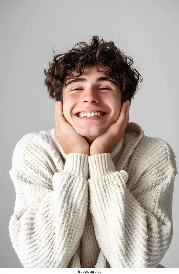 Portrait of a Smiling Young Man With Curly Hair Wearing a White Sweater