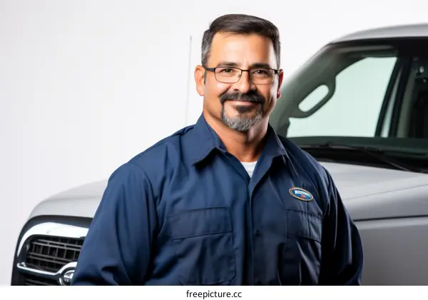 Portrait of a Hispanic repairman in uniform standing in front of a vehicle