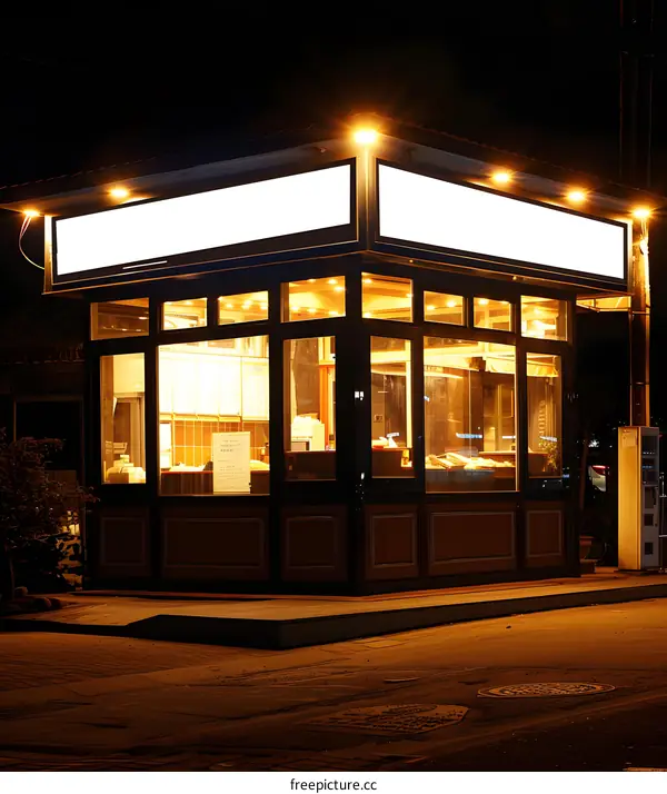 Night View of Small Shop with Blank Sign