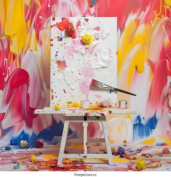 Abstract Colorful Paint Splashes and Canvas on Easel