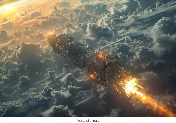 spaceship flies above the clouds towards the setting sun