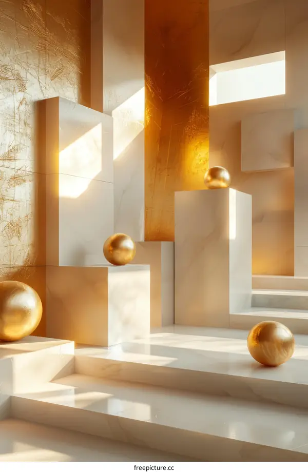 Abstract Minimalist 3D Rendering  with White Marble Platforms and Golden Spheres