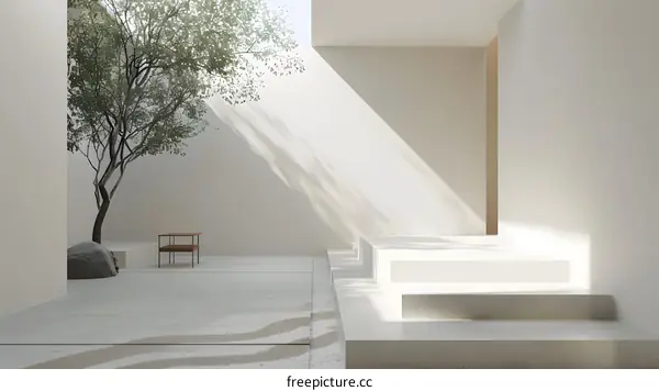 Minimalist Modern Interior Design with a Tree and Sunlight