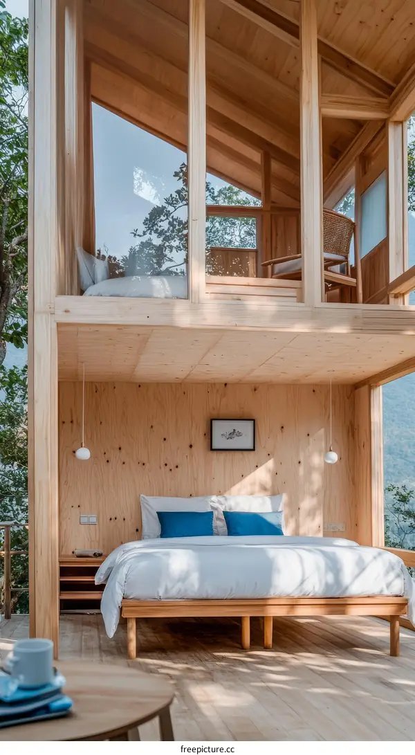 Wooden Cabin Bedroom with Large Windows