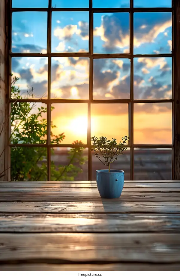 Sunset View Through Window With Plant on Table