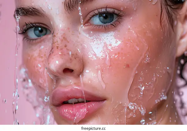 Close-up Portrait of a Woman with Water Drops on Skin