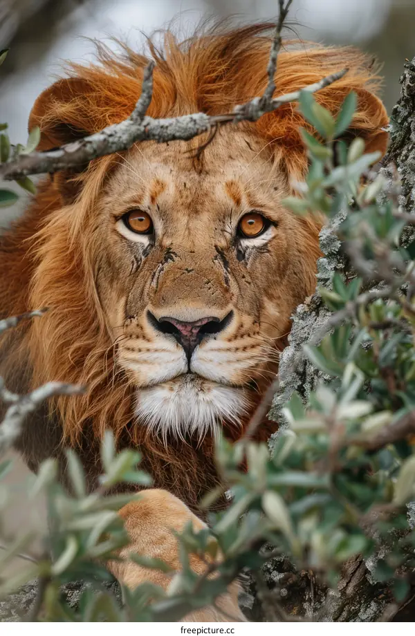 Portrait of a male lion in a tree