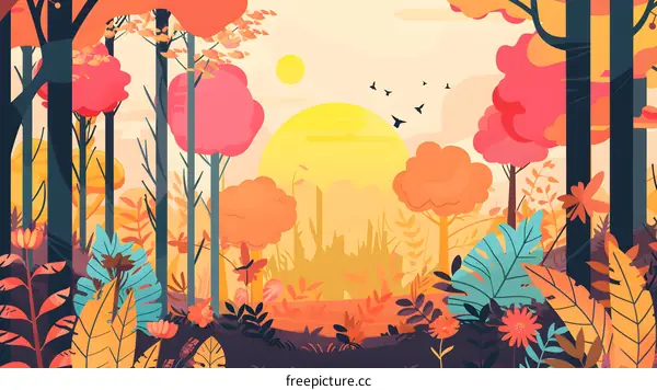 Autumn Forest Landscape with Sun