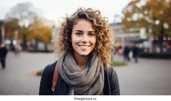 portrait of a young curly blonde woman smiling wearing a scarf