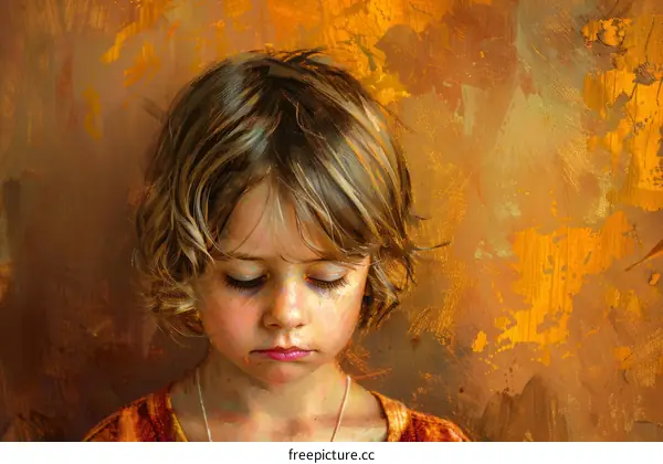 Little girl with short brown hair looking down with eyes closed