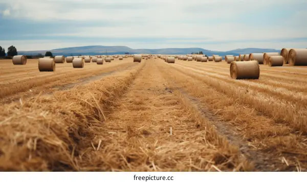 Golden Hay Bales Under Blue Sky with Distant Mountains