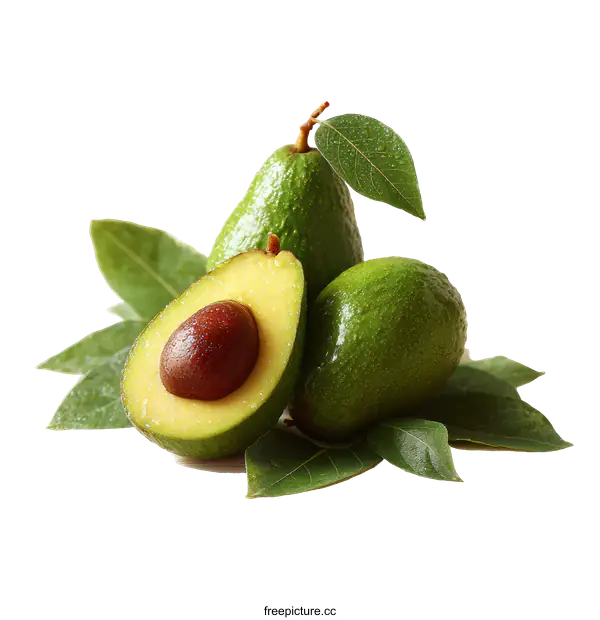 [Transparent Background PNG]Fresh Avocados with Leaves on White Background