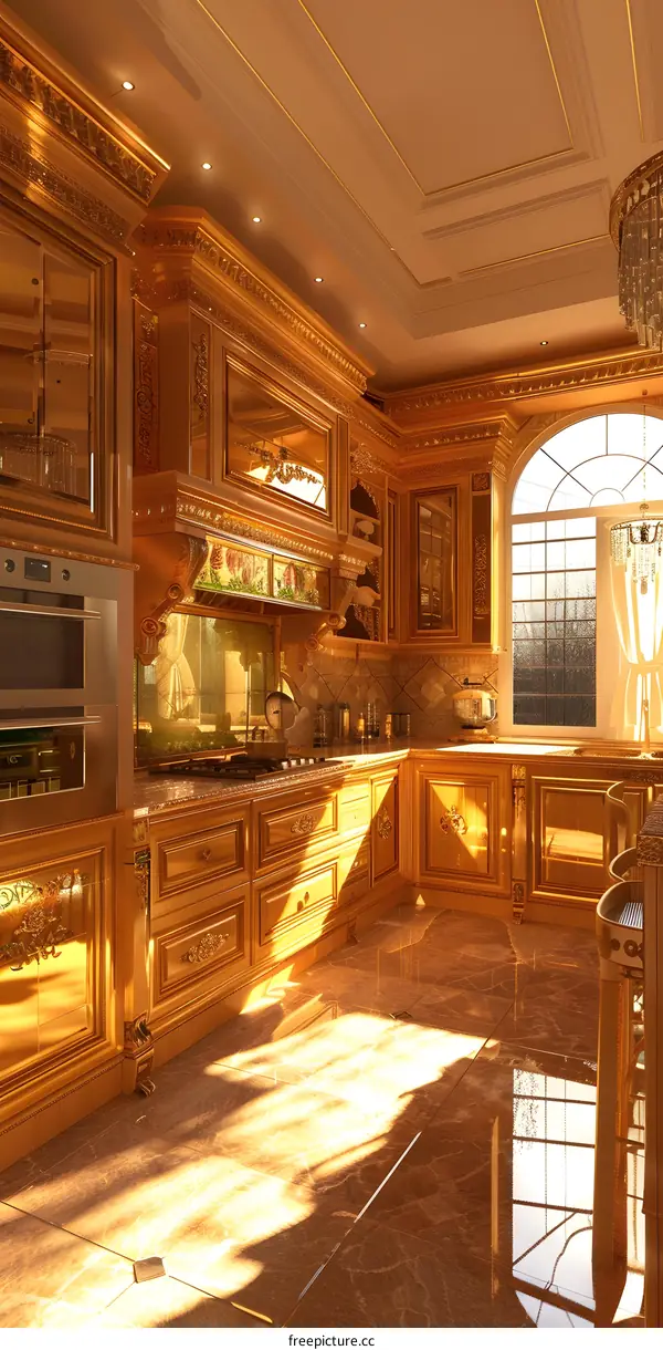 Gold Kitchen Interior Design with Marble Floor