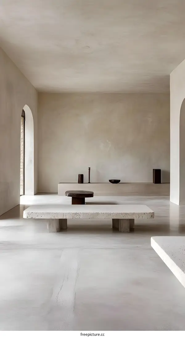 Minimalist Interior Design with Concrete Bench and Wooden Table