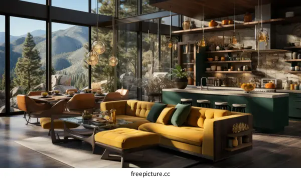 Modern Mountain Home Interior: Living, Kitchen & Dining