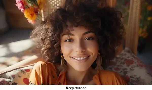 Portrait of a smiling young woman with curly hair