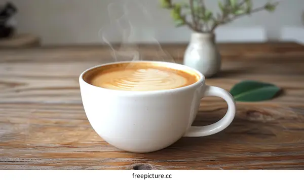 Cappuccino in a white ceramic cup on a wooden table