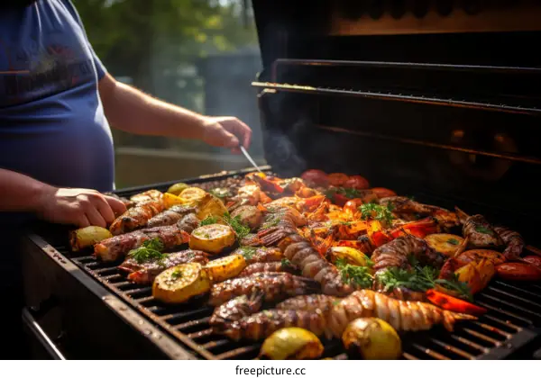 A man grilling a variety of food on a barbecue