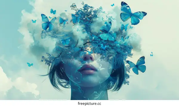 Blue butterflies and a woman's face