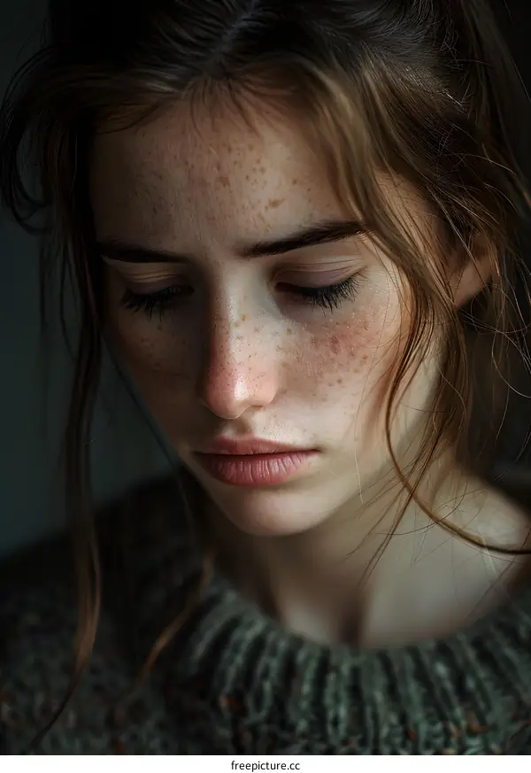 Portrait of a young woman with freckles
