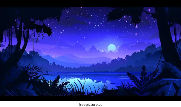 Night Sky Over Lake And Mountains