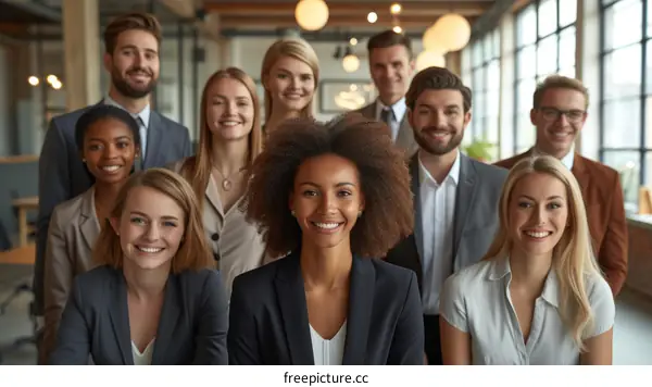 A group of smiling business professionals posing for a photo