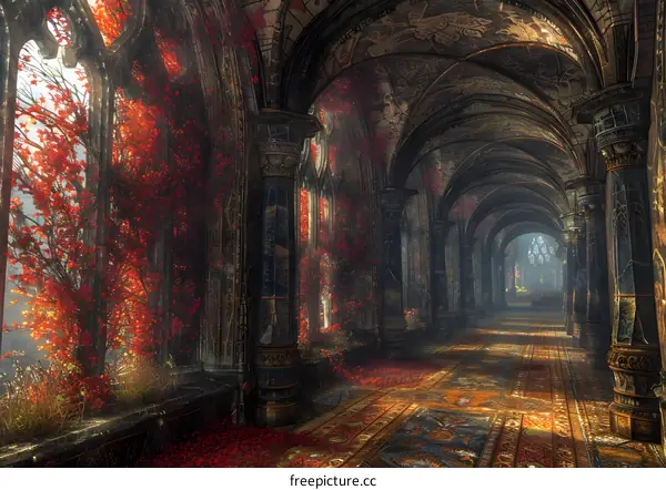 Mystical red leaves corridor