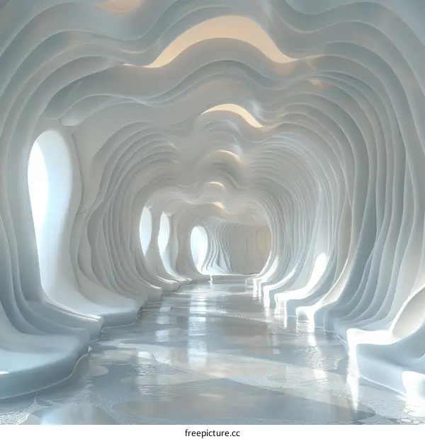 Futuristic tunnel with smooth white walls and reflective floor