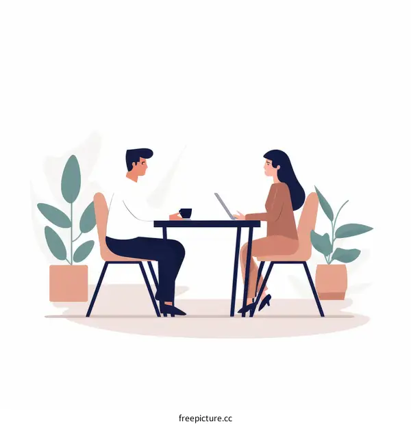 Business meeting or negotiations concept with two people sitting at the table and talking