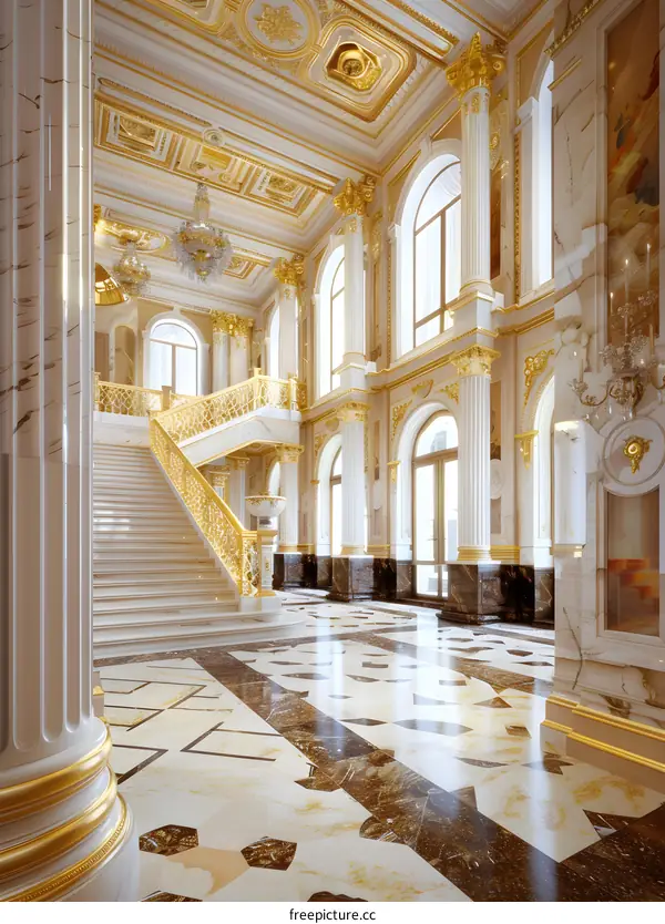 Grand Staircase in a Palace with Marble Floors and Golden Decorations