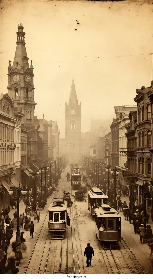 Crowded city street with horse-drawn trams in the late 19th century