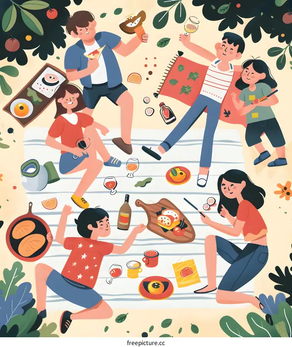 Happy Family Picnic Illustration with Cartoon Characters