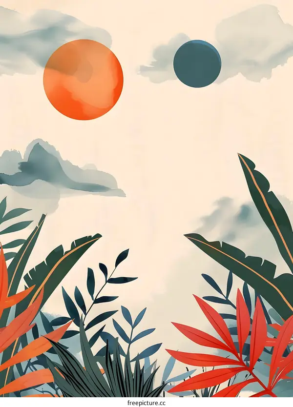 Tropical Leaves and Abstract Sun and Moon Design